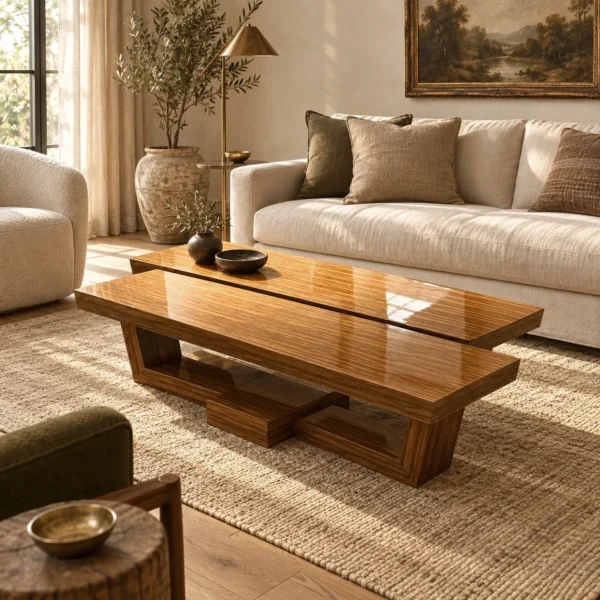 Bali Solid Wood Block Coffee Table with Brass Detail in clay — in a room setting