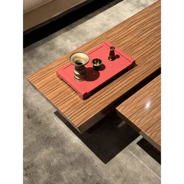 Bali Solid Wood Block Coffee Table with Brass Detail in clay — in a room setting