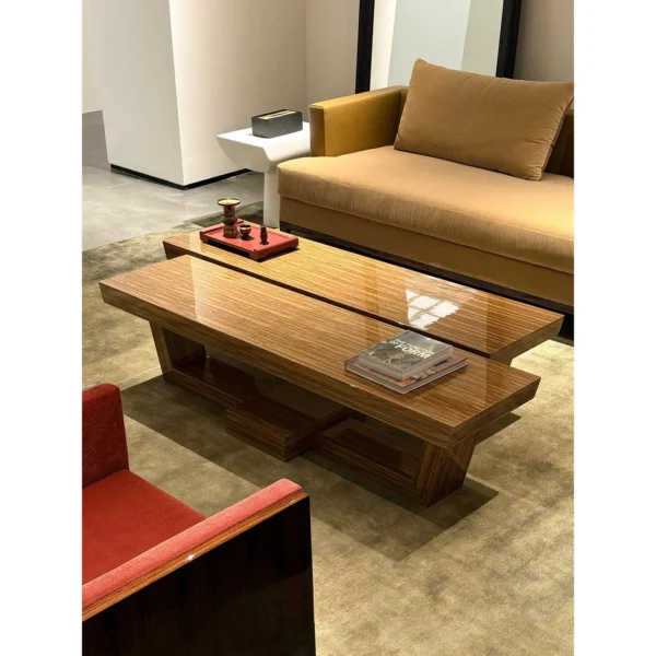 Bali Solid Wood Block Coffee Table with Brass Detail in clay — in a room setting