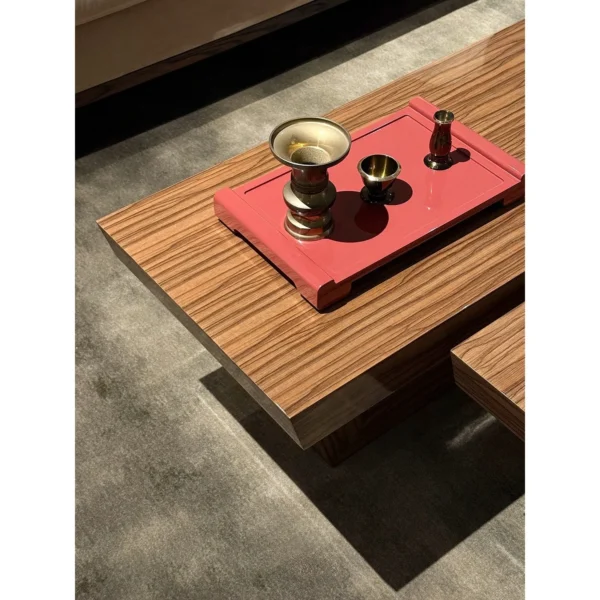 Bali Solid Wood Block Coffee Table with Brass Detail in clay — in a room setting
