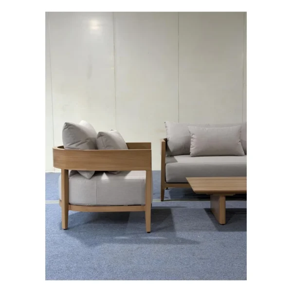 Arched Aluminium Outdoor Sofa Set in Teak-Look Finish — in a room setting