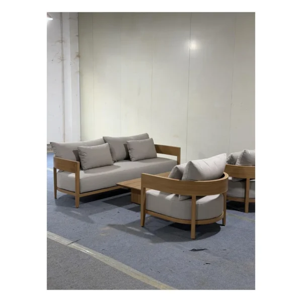 Arched Aluminium Outdoor Sofa Set in Teak-Look Finish — in a room setting