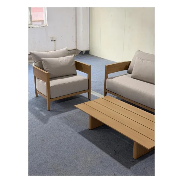 Arched Aluminium Outdoor Sofa Set in Teak-Look Finish — in a room setting
