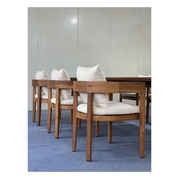 Yacht-Grade Burmese Teak Outdoor Dining Set with Armchairs in clay — in a room setting