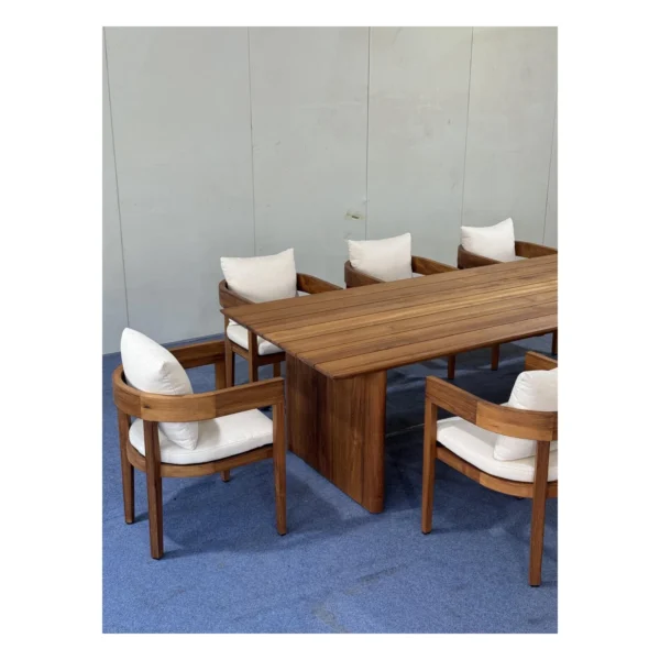 Yacht-Grade Burmese Teak Outdoor Dining Set with Armchairs in clay — in a room setting