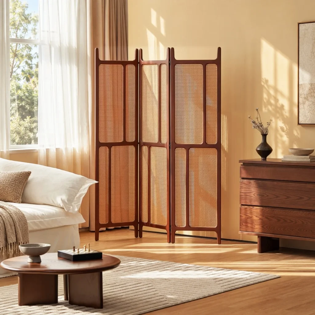 Bamboo Charm Solid Wood and Rattan Folding Screen in clay — front view