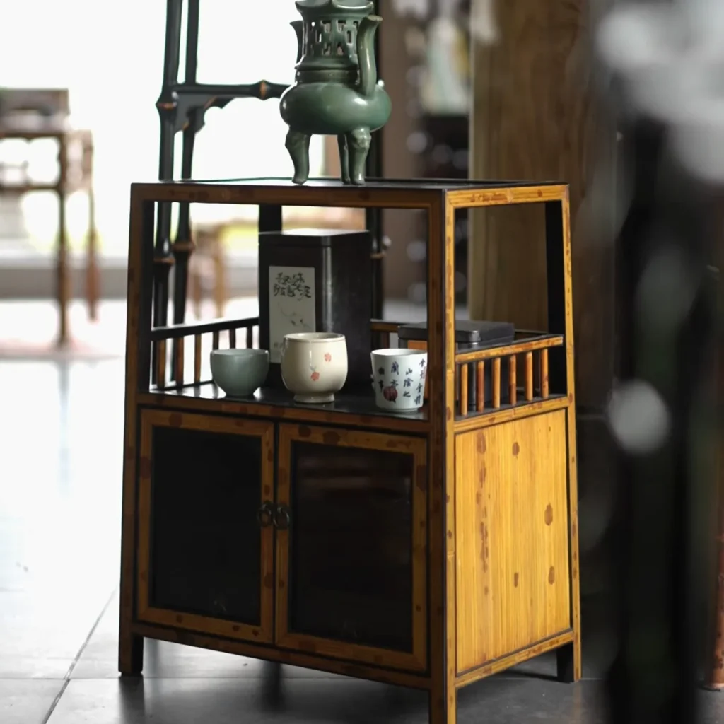 Bamboo Tea Cabinet with Glass Top Display and Lower Cupboard in clay — front view