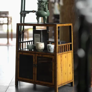 Bamboo Tea Cabinet with Glass Top Display and Lower Cupboard in clay — front view