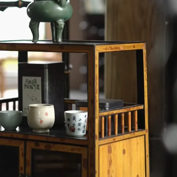 Bamboo Tea Cabinet with Glass Top Display and Lower Cupboard in clay — detail