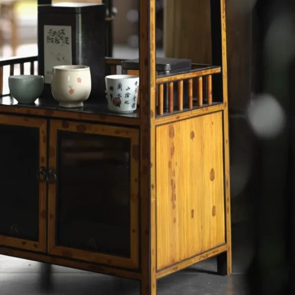 Bamboo Tea Cabinet with Glass Top Display and Lower Cupboard in clay — detail
