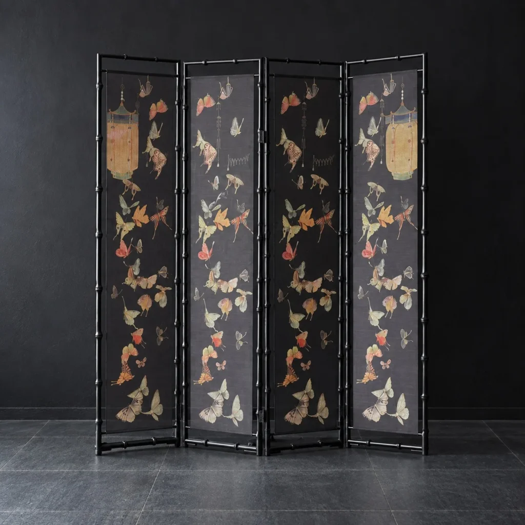 Bamboo, Orchid and Butterfly Double-Sided Four-Panel Screen in black — front view