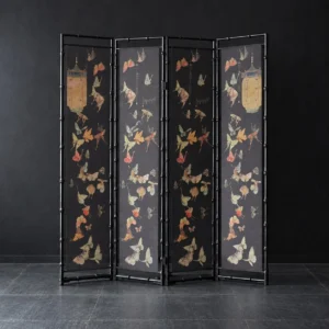 Bamboo, Orchid and Butterfly Double-Sided Four-Panel Screen in black — front view