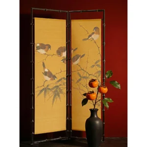 Sparrows in Bamboo Two-Panel Golden Screen — front view