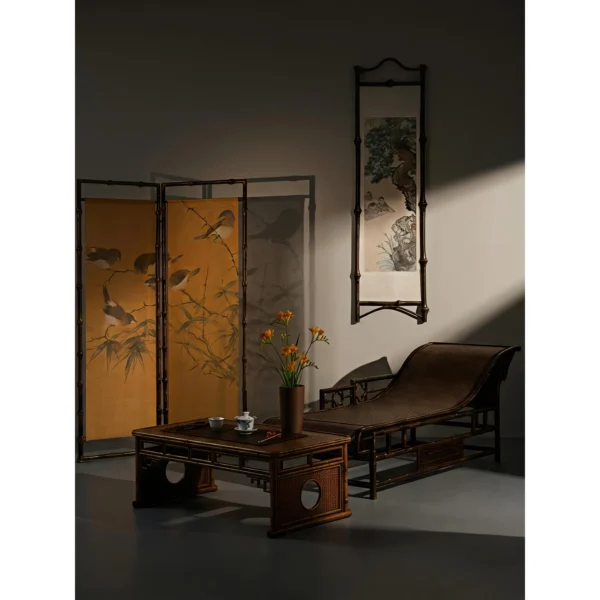 Sparrows in Bamboo Two-Panel Golden Screen — in a room setting