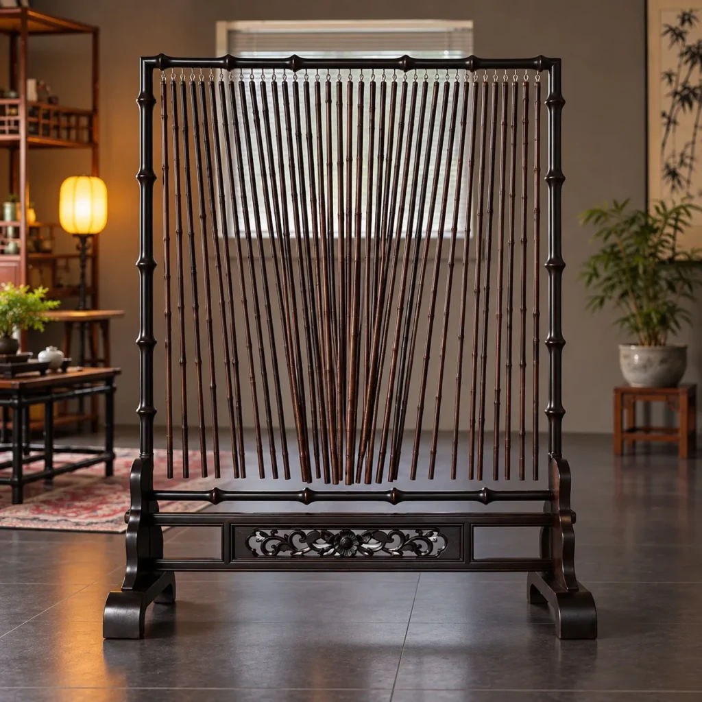 Bamboo Tube Wind-Chime Standing Screen in black — front view