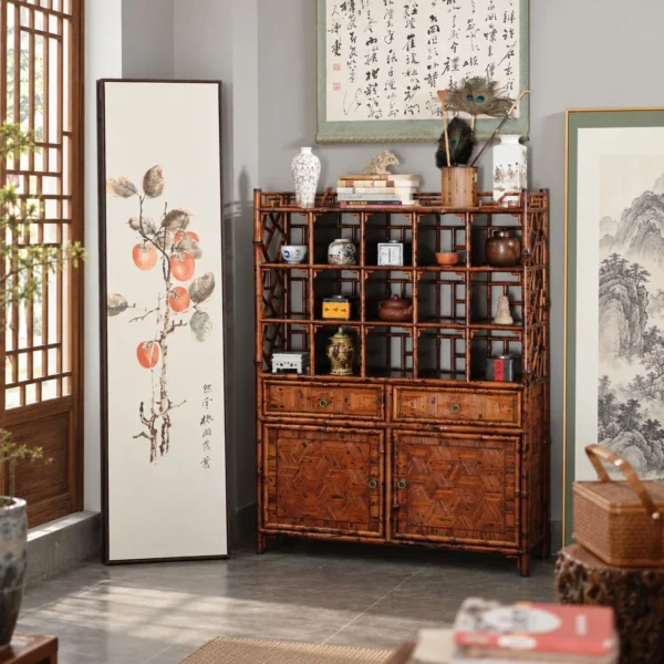 Bamboo Curio Bookcase in clay — in a room setting