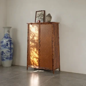 Bamboo Woven Double-Door Tall Cabinet in clay — front view