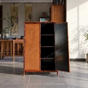 Bamboo Woven Double-Door Tall Cabinet in clay — in a room setting