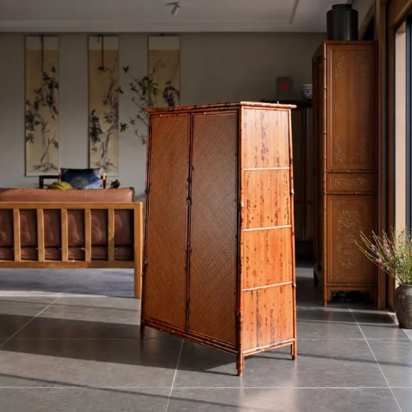 Bamboo Woven Double-Door Tall Cabinet in clay — in a room setting