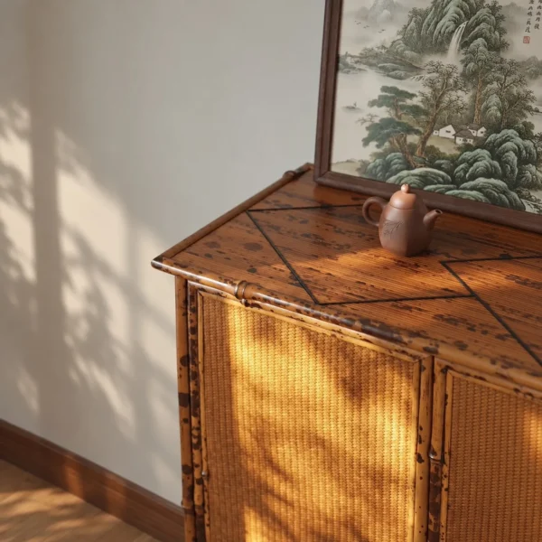 Bamboo Woven Double-Door Tall Cabinet in clay — in a room setting