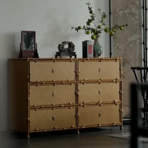 Bamboo-Framed Woven Six-Drawer Chest in natural oak — front view
