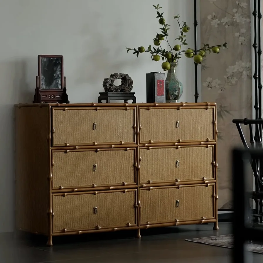 Bamboo-Framed Woven Six-Drawer Chest in natural oak — front view