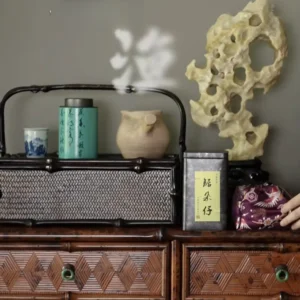 Bamboo Woven Tea Set Storage Box with Carrying Handle in clay — front view