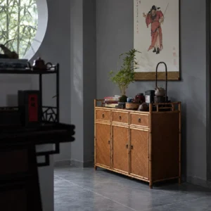 Bamboo Sideboard with Woven Panel Doors in natural oak — in a room setting