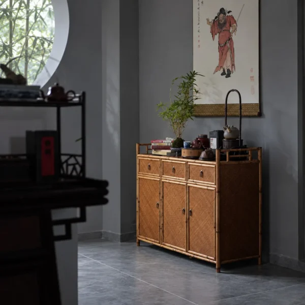 Bamboo Sideboard with Woven Panel Doors in natural oak — in a room setting