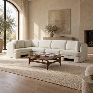Banna Modular Sofa in Oatmeal Wool Bouclé with Ottoman — in a room setting