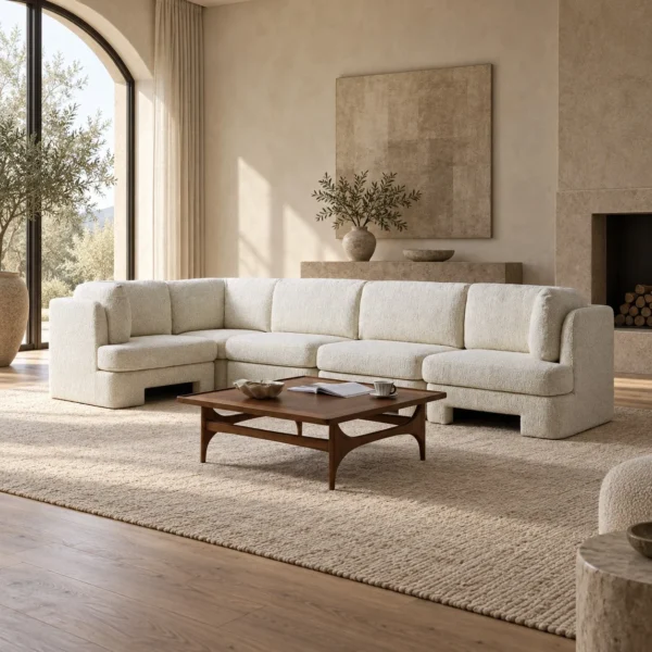Banna Modular Sofa in Oatmeal Wool Bouclé with Ottoman — in a room setting