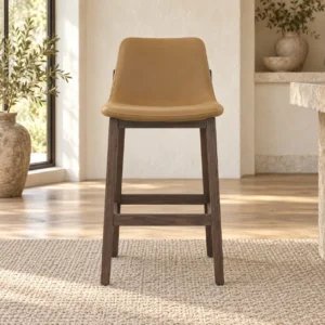 Tan Leather Bar Stool with Dark Oak Legs in clay — front view