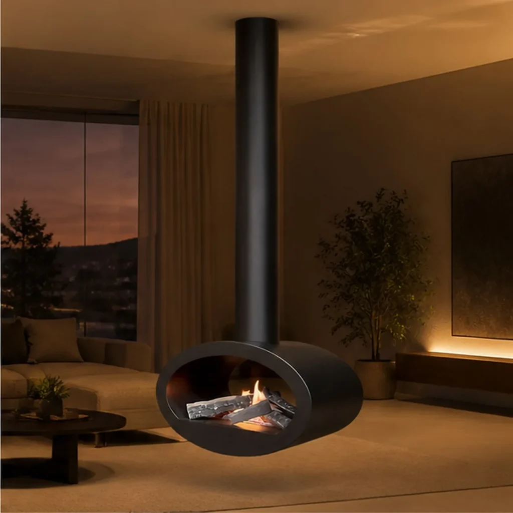Baron Suspended Oval Fireplace, 60 cm in black — front view