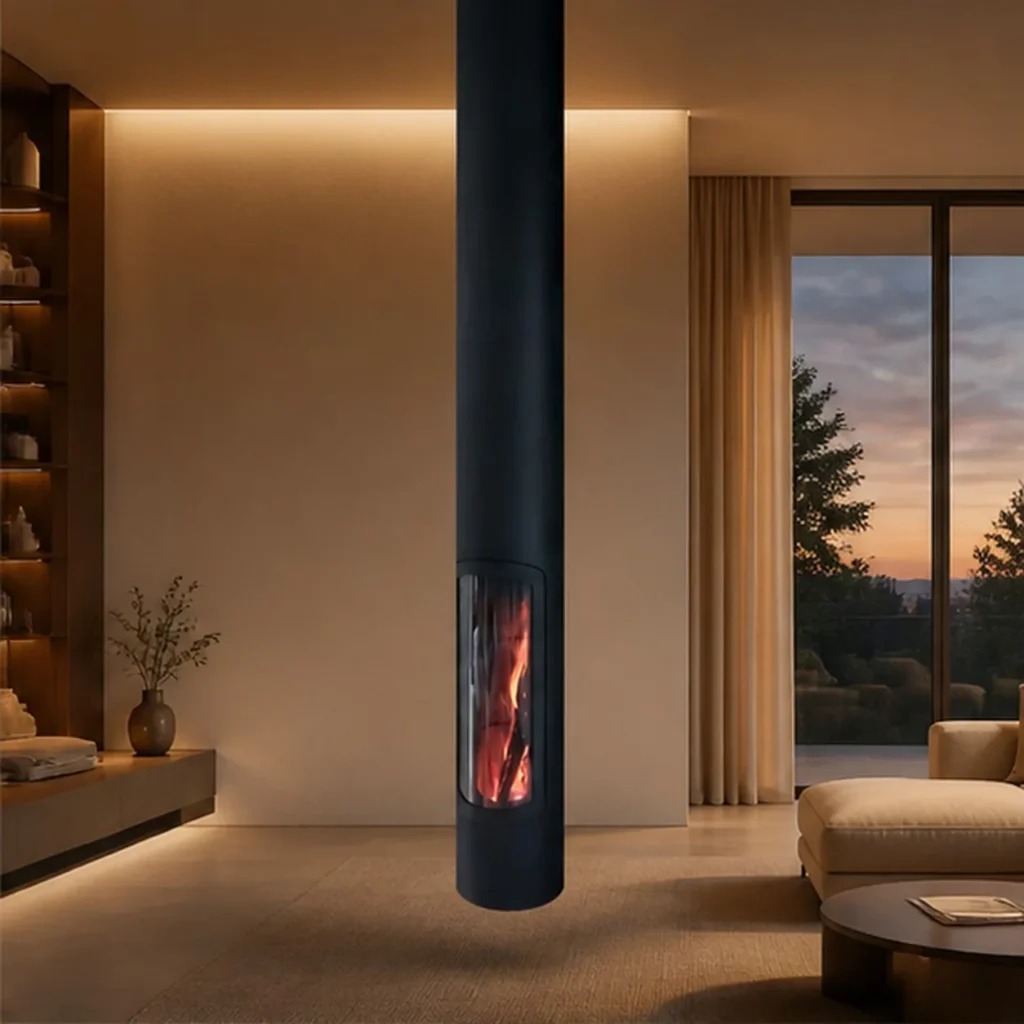 Barry Suspended Column Fireplace with Glass Slot, 48 cm in black — front view