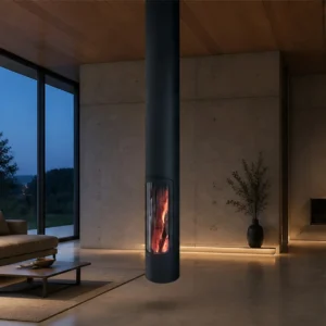 Barry Suspended Column Fireplace with Glass Slot, 48 cm in black — in a room setting