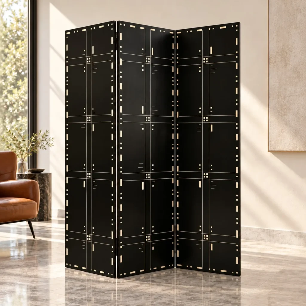 Black Lacquer Geometric Screen with Mother-of-Pearl Lines in black — front view