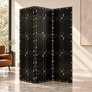 Black Lacquer Geometric Screen with Mother-of-Pearl Lines in black — front view