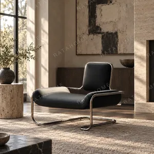 Bauhaus Black Leather Cantilever Lounge Chair on Steel Frame in black — in a room setting
