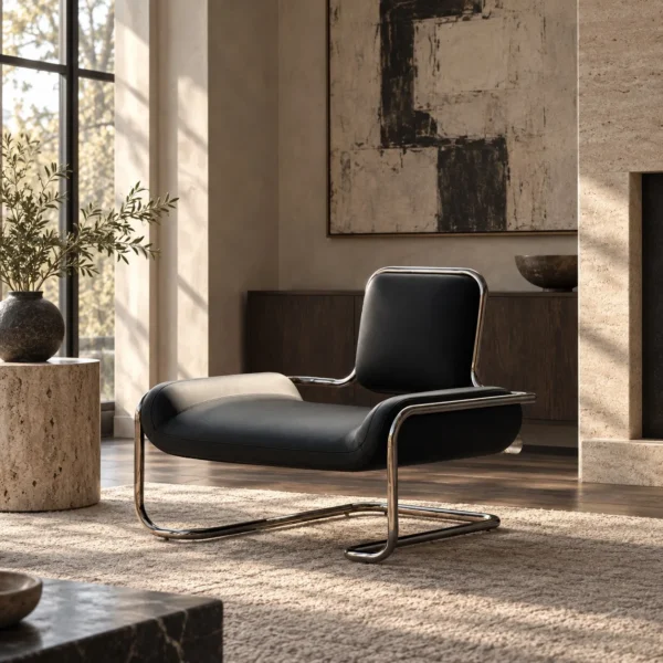 Bauhaus Black Leather Cantilever Lounge Chair on Steel Frame in black — in a room setting
