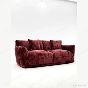 Bean Paste Chenille Two-Seat Sofa with Rolled Arms in burgundy — in a room setting