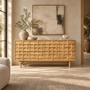 Woven-Front Oak Sideboard on Tapered Legs in natural oak — in a room setting