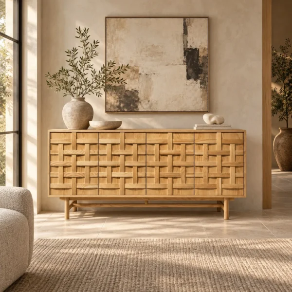 Woven-Front Oak Sideboard on Tapered Legs in natural oak — in a room setting