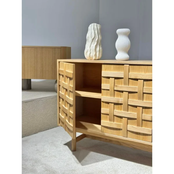 Woven-Front Oak Sideboard on Tapered Legs in natural oak — in a room setting