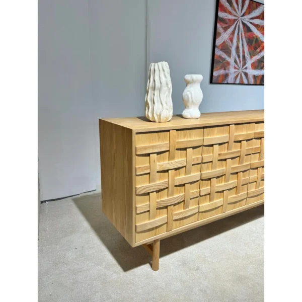 Woven-Front Oak Sideboard on Tapered Legs in natural oak — in a room setting