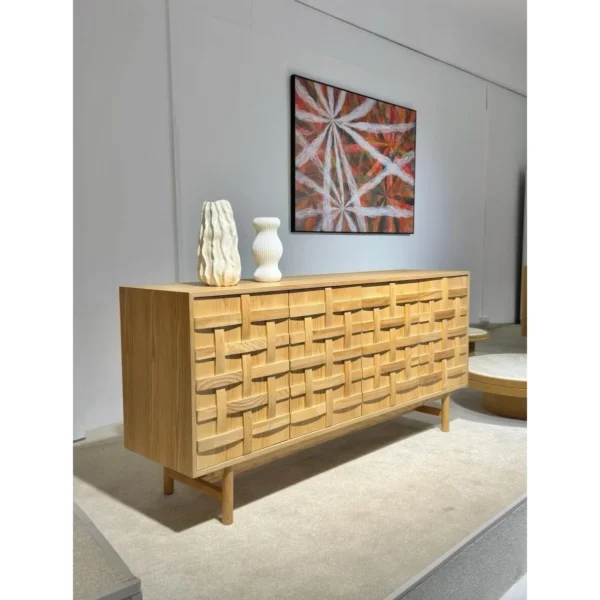 Woven-Front Oak Sideboard on Tapered Legs in natural oak — in a room setting