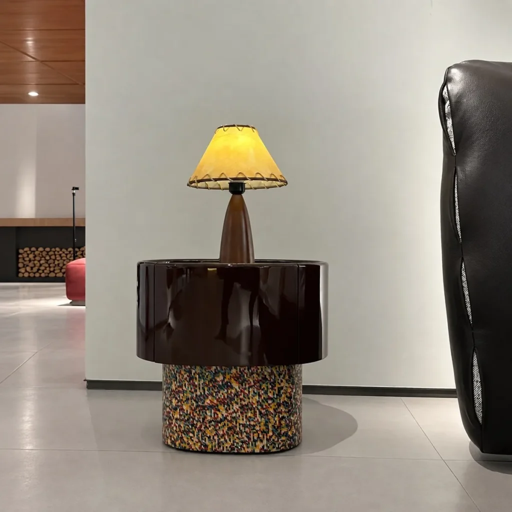 Two-Tone Round Nightstand in Gloss Brown and Terrazzo — front view