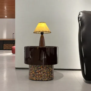 Two-Tone Round Nightstand in Gloss Brown and Terrazzo — front view
