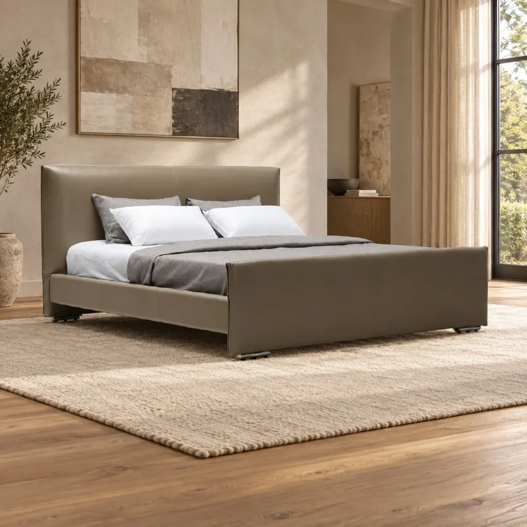 Taupe Leather-Wrapped Bed with Straight Headboard in sand — front view