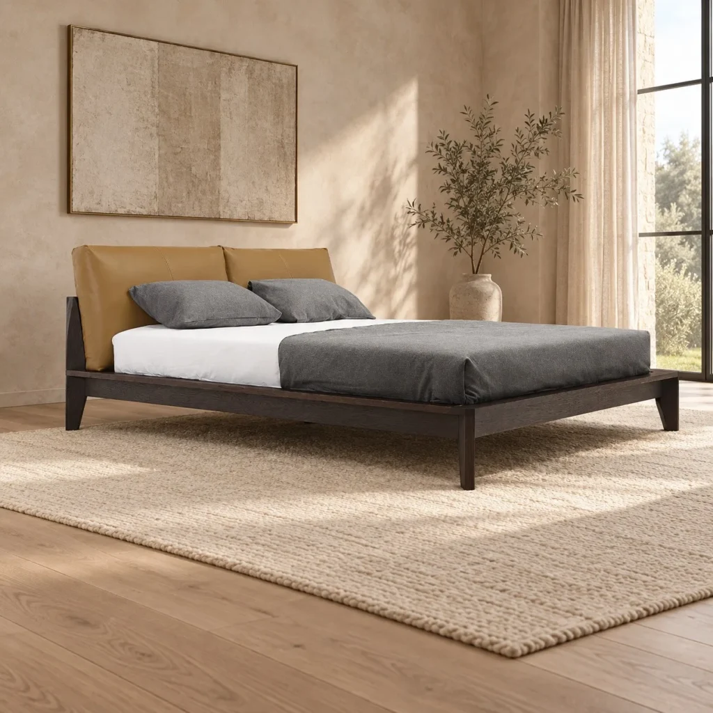 Low Platform Bed with Loose Camel Cushions in walnut — front view