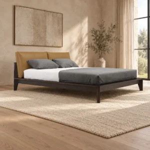 Low Platform Bed with Loose Camel Cushions in walnut — front view